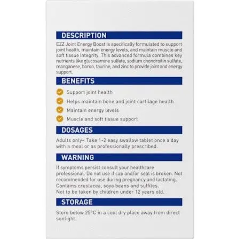 EZZ Joint Energy Boost Tablets 60 tablets daily joint support and energy supplement for mobility flexibility and active lifestyles