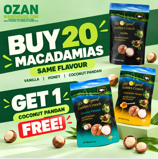 Golden Crunch Australian macadamias: buy 20 of the same flavour, get 1 Coconut Pandan pack free
