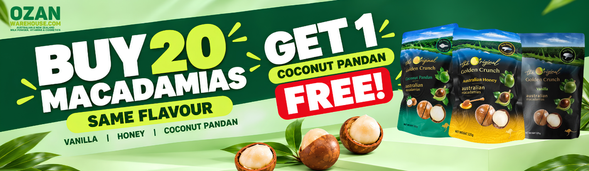 Golden Crunch macadamias promotion: buy 20, get 1 Coconut Pandan free