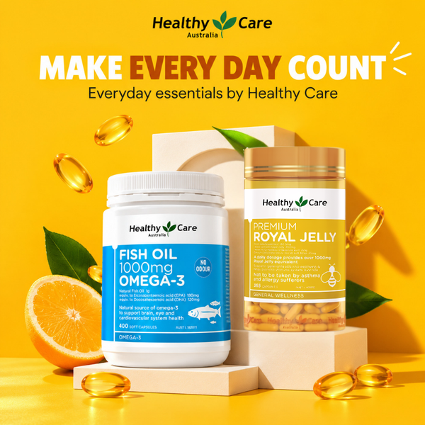 Healthy Care Fish Oil 1000mg Omega-3 and Premium Royal Jelly 365 Capsules Australia wellness product 