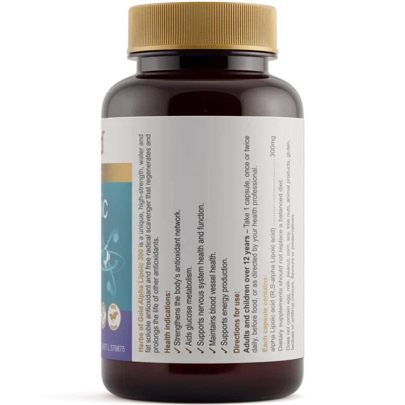 Herbs of Gold Alpha Lipoic 300 60 Vegetarian Capsules premium Australian Alpha Lipoic Acid supplement in vegetarian capsules