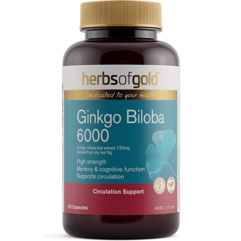 Herbs of Gold Ginkgo Biloba 6000 120 Capsules Australian herbal supplement with Ginkgo biloba extract