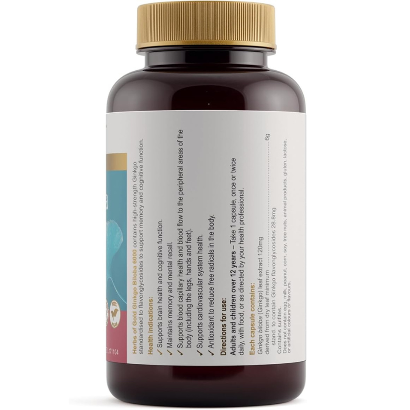 Herbs of Gold Ginkgo Biloba 6000 120 Capsules Australian herbal supplement with Ginkgo biloba extract