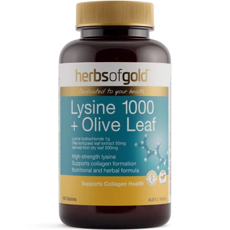 Herbs of Gold Lysine 1000 + Olive Leaf 100 Tablets Australian supplement with L-lysine and olive leaf extract