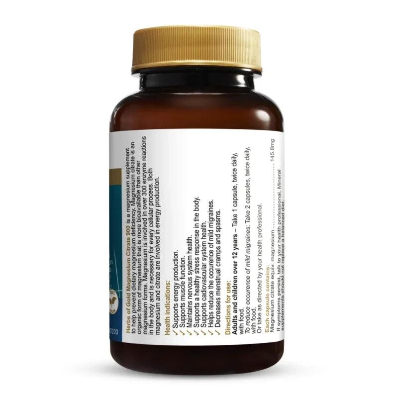 Herbs of Gold Magnesium Citrate 900 60 Capsules Australian magnesium supplement with magnesium citrate capsules