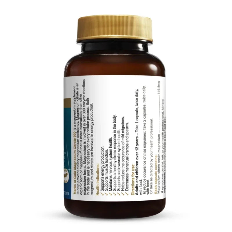 Herbs of Gold Magnesium Citrate 900 60 Capsules Australian magnesium supplement with magnesium citrate capsules