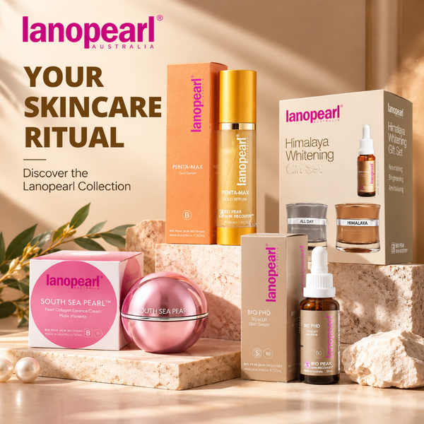 Lanopearl Australia skincare collection featuring Penta-Max Gold Serum, South Sea Pearl Cream, Bio PHD Triple Lift Serum and Himalaya Whitening Gift Set.