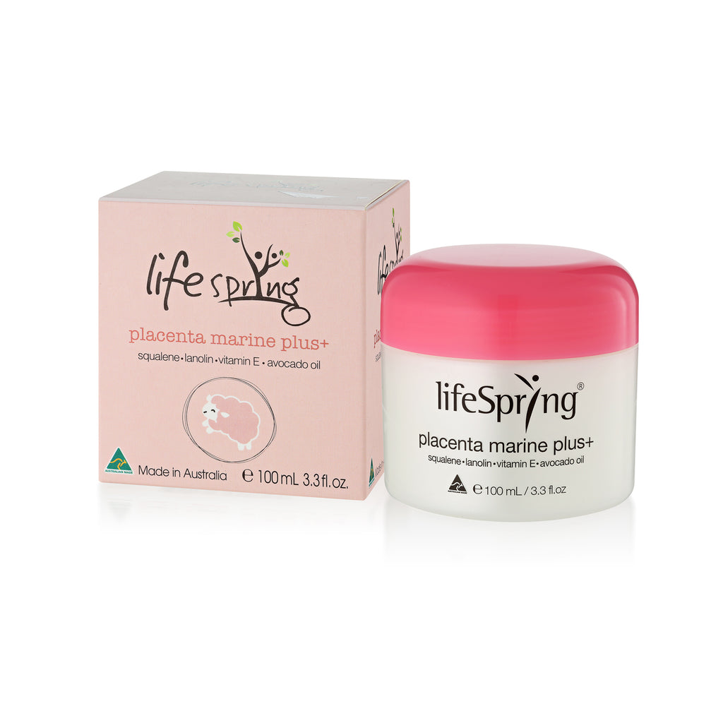 lifeSpring placenta marine plus cream and packaging on a white background