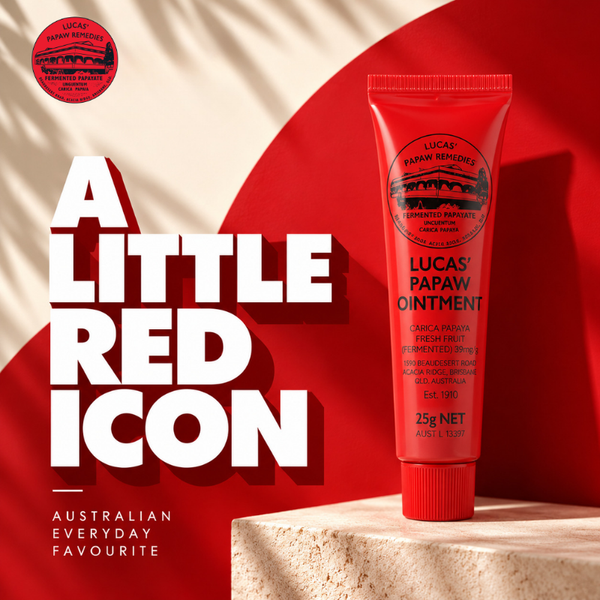 Lucas Papaw Ointment 25g Australian skincare ointment in a bold red and cream promotional design