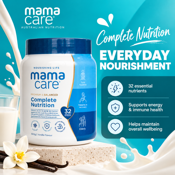 MamaCare Complete Nutrition 500g Vanilla Flavour nutritional powder from Australia, featuring 32 essential nutrients.