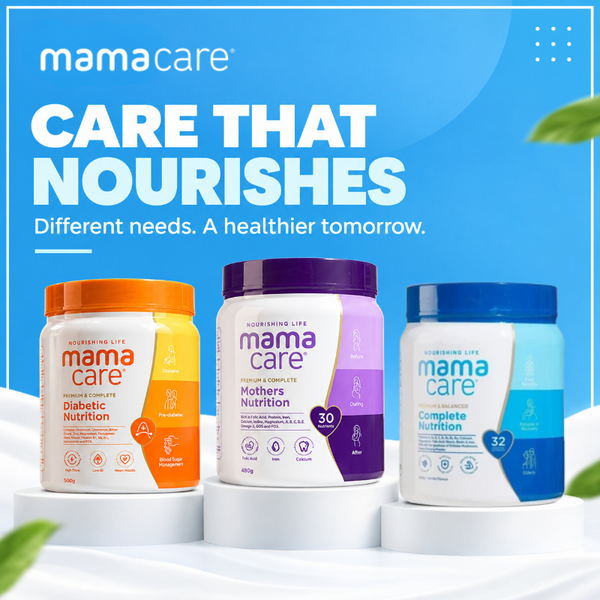 MamaCare nutrition collection featuring Diabetic Nutrition 500g, Mothers Nutrition 480g and Complete Nutrition 500g nutritional powders from Australia.