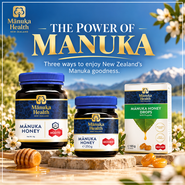 Manuka Health New Zealand Manuka Honey MGO 400+ 250g, MGO 115+ UMF 6+ 1kg and Manuka Honey Drops with Propolis 65g.
