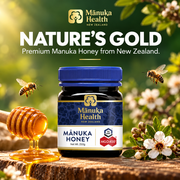Manuka Health MGO 400+ Manuka Honey 250g from New Zealand, featuring premium Manuka honey in a navy and gold jar design.