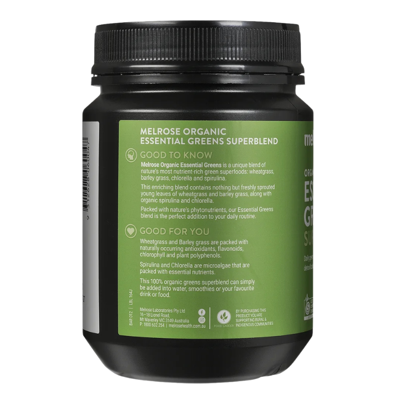 A black plastic bottle of Melrose Organic Essential Greens Superblend powder, showing the green and white back label against a white background.