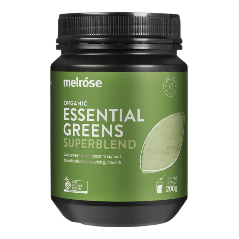 A black plastic jar of melróse Organic Essential Greens Superblend powder supplement with a green label, shown on a plain white background.