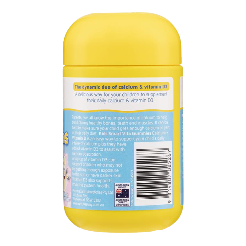 Back view of a yellow bottle of Kids Smart Vita Gummies, showing the product's text and barcode details on a white background.