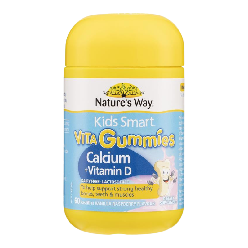 Nature's Way Kids Smart Vita Gummies Calcium + Vitamin D in a yellow plastic bottle with a white and blue label.