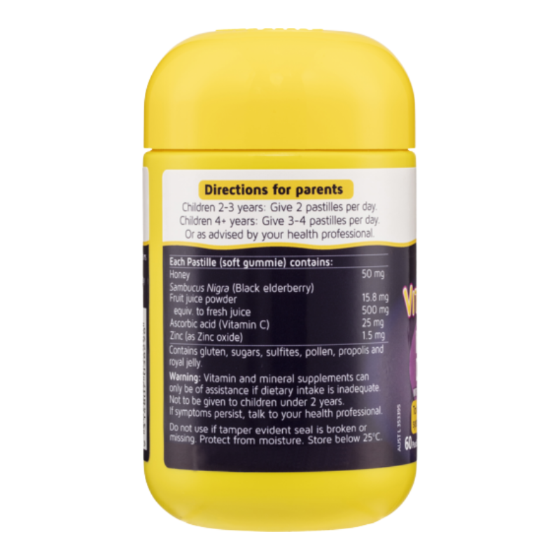 A yellow plastic bottle of Parvostast 2 pastilles (soft gum) showing the back of the label with directions for parents and ingredients, on a white background.