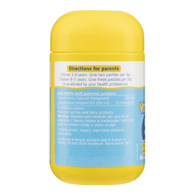 A yellow plastic bottle of Vitoz Vitamin D3 200 IU calcium supplement, showing the back of the label with directions for parents on a white background.