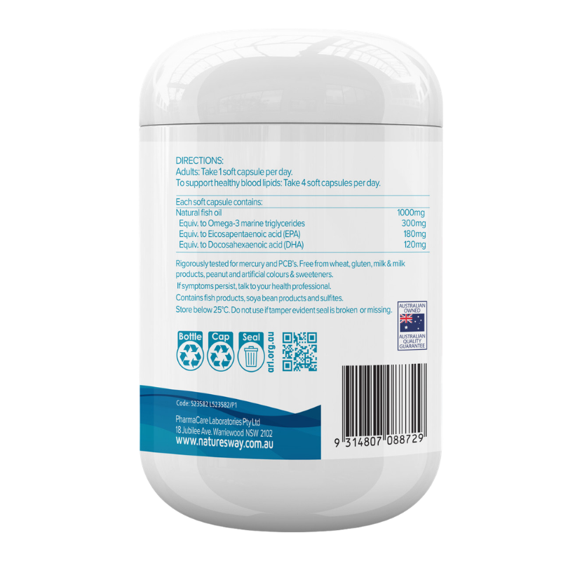 Back view of a white plastic bottle of PhasMeCare Adult Teeth Care capsules, showing the detailed instructions, ingredients, and barcode on the label.