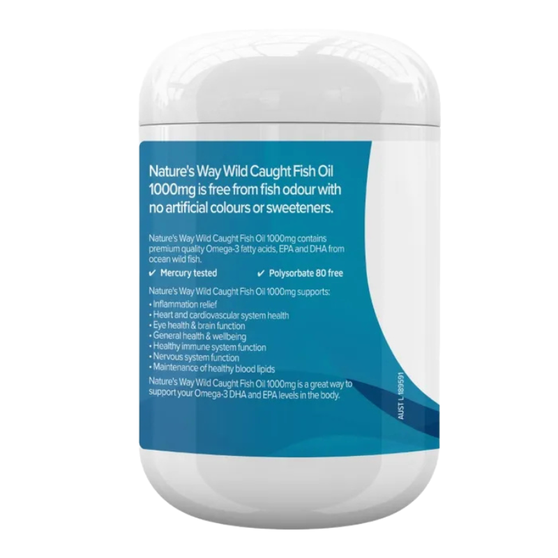 Nature's Way Wild Caught Fish Oil 1000mg in a white plastic bottle with a blue and white label, shown on a plain white background.