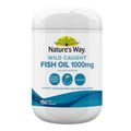 Nature's Way Wild Caught Fish Oil 1000mg in a white plastic bottle with blue and green label accents, containing 150 capsules.