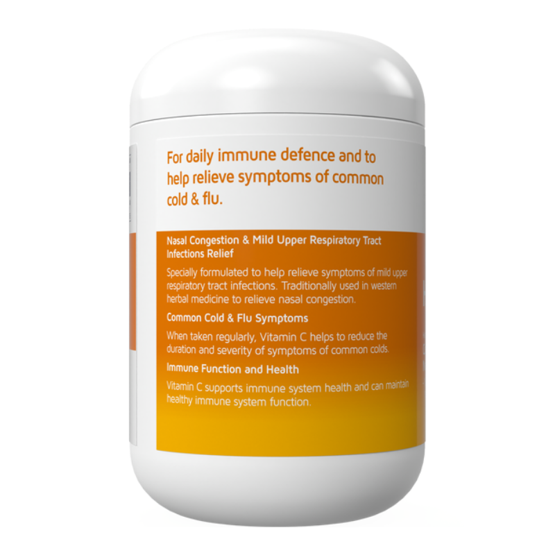 A white plastic bottle of Vitamin C with a white cap, featuring a prominent orange label with text detailing its immune support benefits.