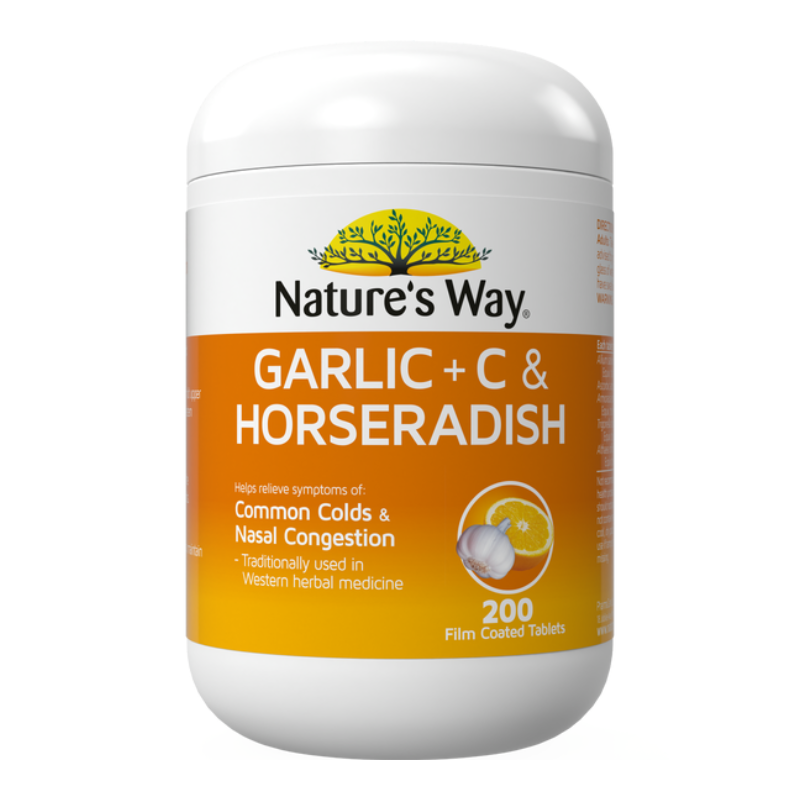 Nature's Way Garlic + C & Horseradish tablets in a white plastic jar with a white and orange label, on a plain white background.