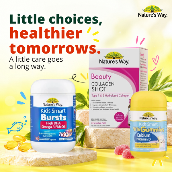 Nature’s Way Kids Smart Omega-3 Fish Oil, Beauty Collagen Shot and Kids Smart Calcium + Vitamin D Gummies – everyday wellness essentials.