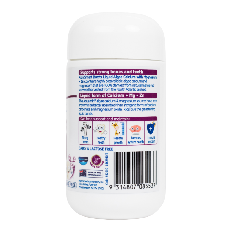 Back view of a white cylindrical bottle of liquid algae calcium and magnesium supplement, showing the label text, icons, and barcode on a plain white background.