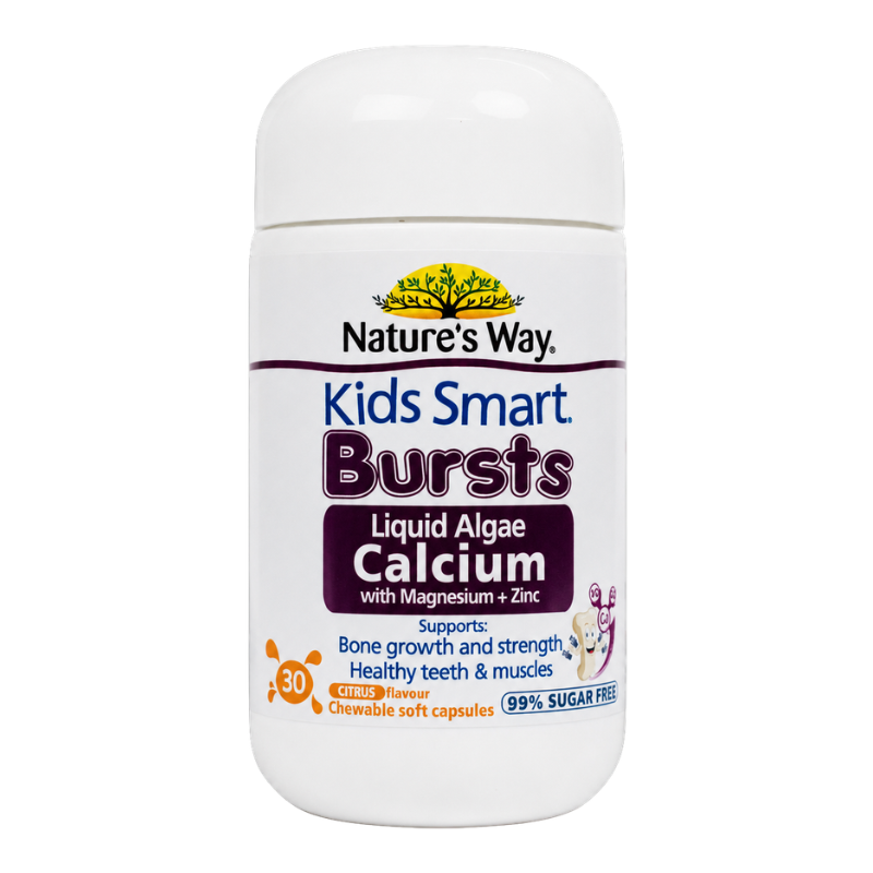 Nature's Way Kids Smart Bursts Liquid Algae Calcium chewable soft capsules in a white plastic bottle with a white cap, on a white background.