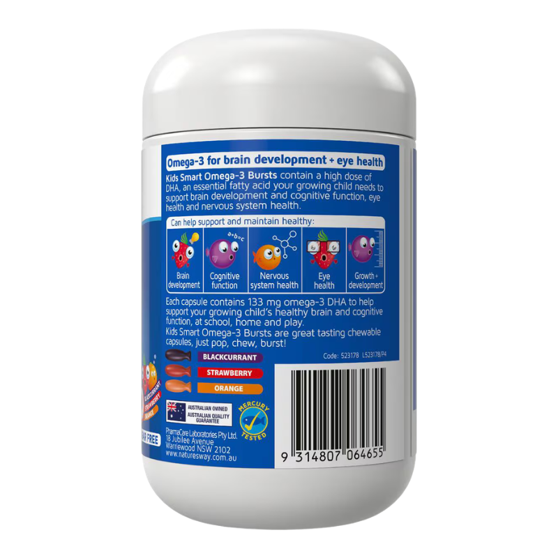 Back view of a white plastic bottle of Kib Smart Omega-3 with a large blue label showing product information, flavor icons, and a barcode.