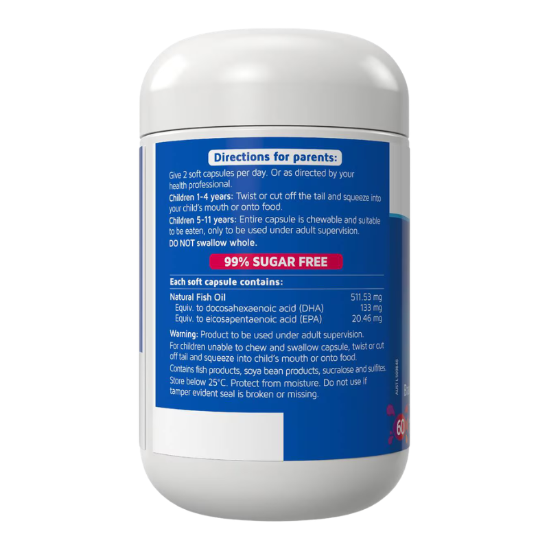 A white plastic bottle of soft capsules with a prominent blue and white label detailing directions for parents and product information, including '99% SUGAR FREE'.