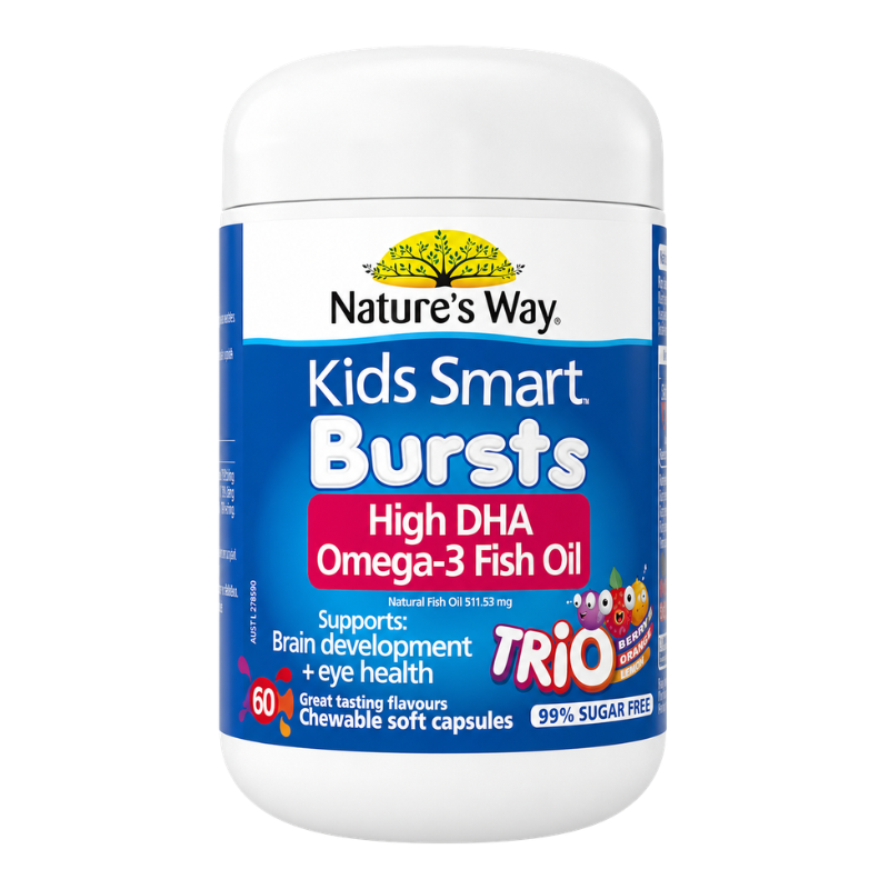 Nature's Way Kids Smart Bursts High DHA Omega-3 Fish Oil supplement in a white plastic bottle with a blue and white label.