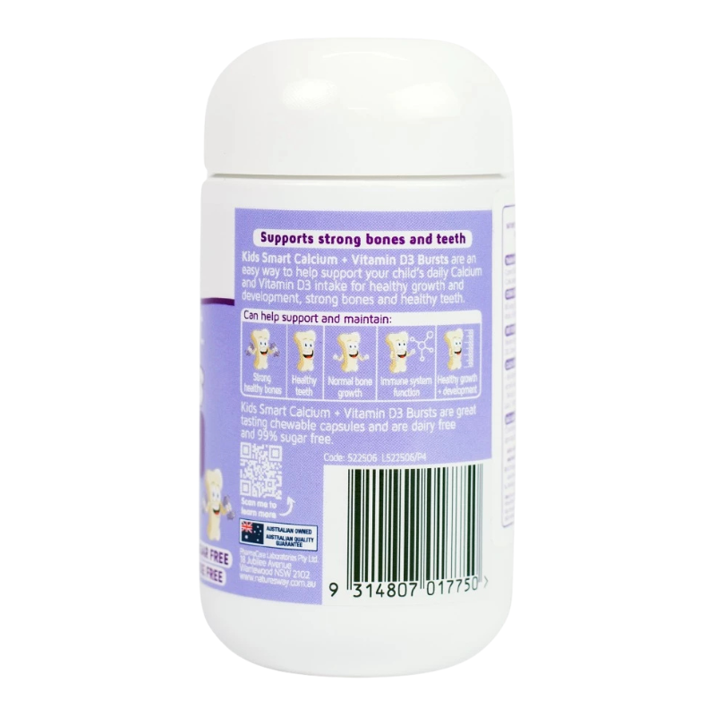 The back of a white plastic bottle of Kid's Smart Calcium and Vitamin D3 bursts, featuring a purple label with text, illustrations of cartoon children, and a barcode.
