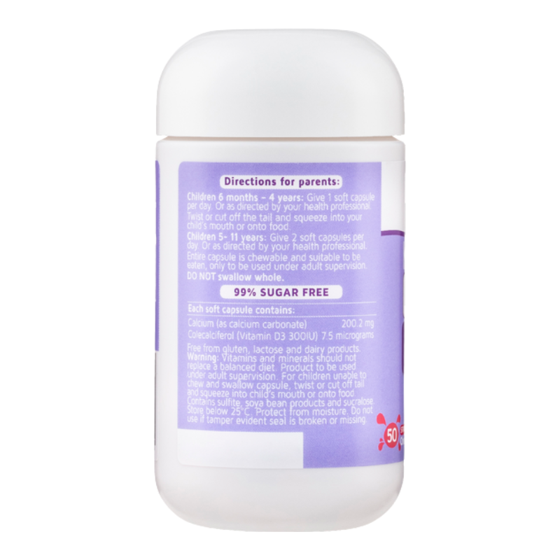 A white plastic bottle of dietary supplements with a white cap, showing the back label with purple text and a small red 365 logo, on a white background.