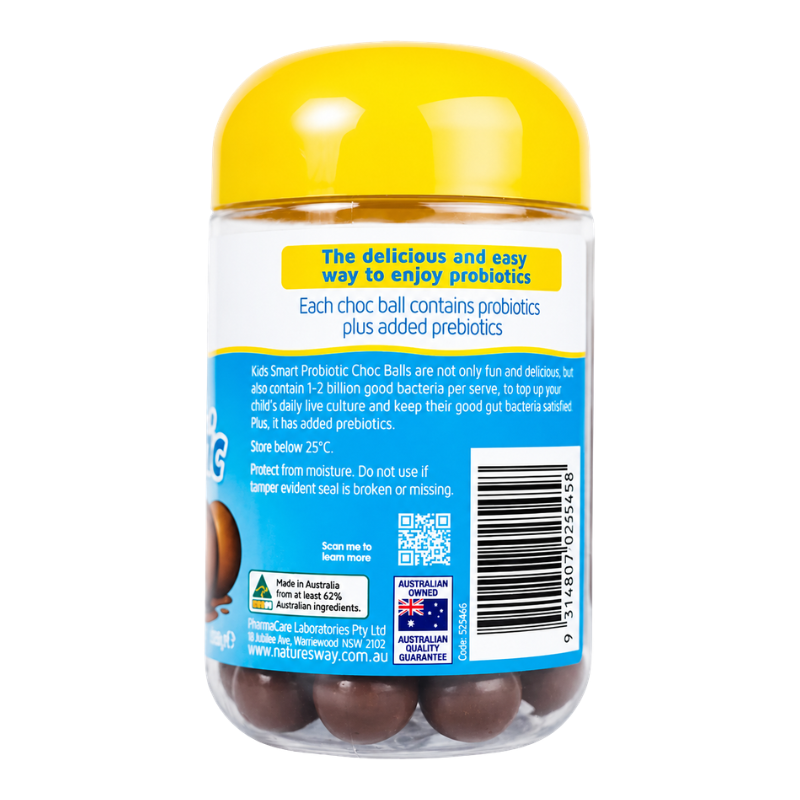 Back view of a clear plastic jar of Kid Smart Probiotic Choc Balls with a yellow lid, showing the product label with text, barcode, and chocolate pieces visible inside.