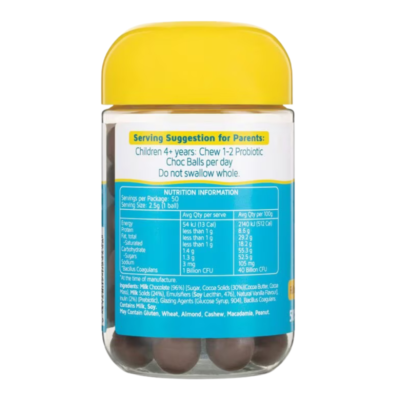 A bottle of probiotic chew balls for children, showing the back label with nutritional information and a yellow cap, on a white background.