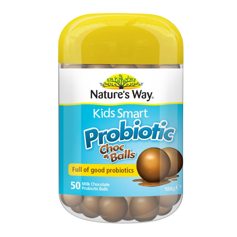 Nature's Way Kids Smart Probiotic Choc Balls in a clear plastic jar with a bright yellow lid and a blue and white label, containing 50 milk chocolate probiotic balls.