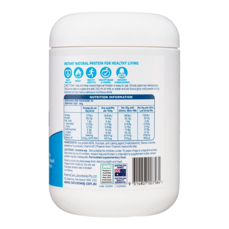 Back view of a white plastic tub of Nature's Way Protein powder, showing the nutrition facts label, icons, and barcode on a white background.