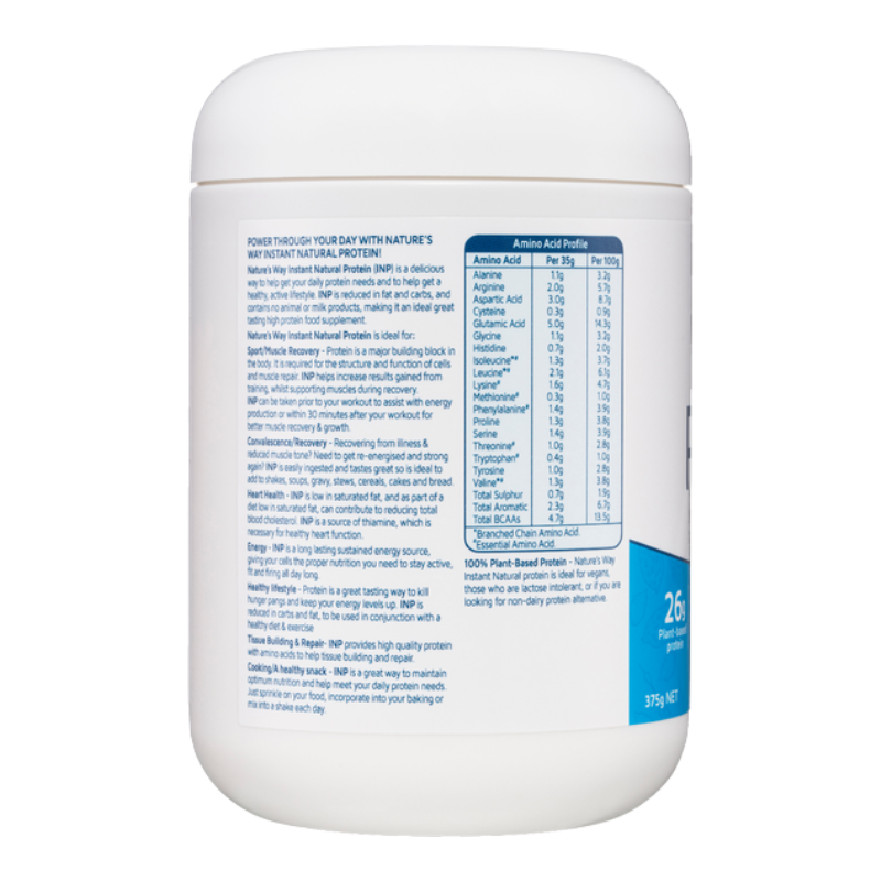 A white plastic tub of protein powder shown from the back, displaying the detailed ingredient list, nutritional facts, and branding on a clean white background.