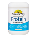 Nature's Way Instant Natural Protein Plant-Based Vanilla Flavour in a white plastic tub with a blue and yellow label.