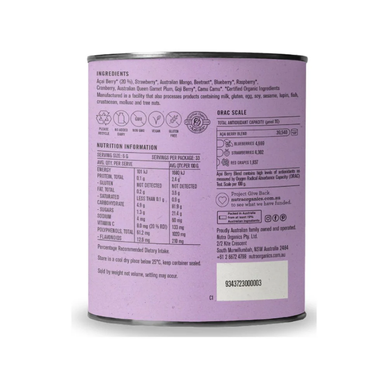 Nutra Organics Acai Berry Blend Immunity + Antioxidants200g Powder