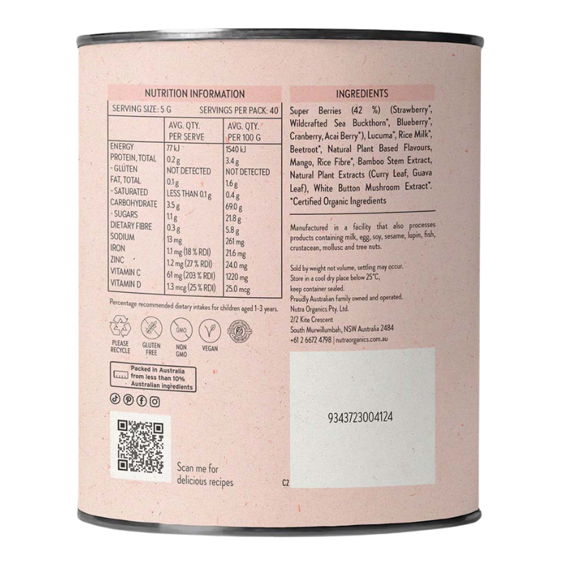 Back view of a tall cylindrical canister with a pale pink label, showing nutrition facts, ingredients list, and a QR code on a white background.