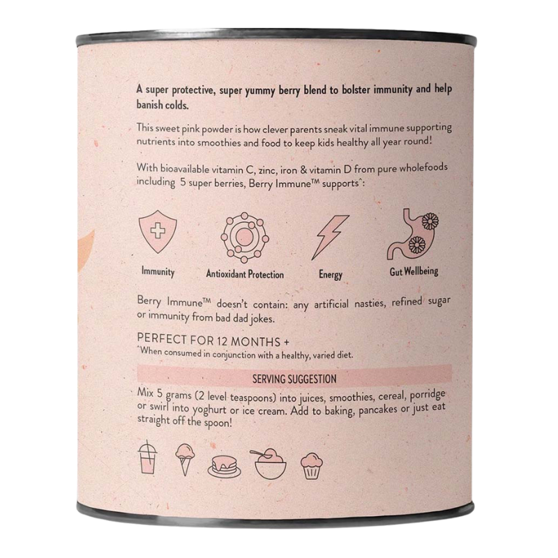 A cylindrical tin of Berry Immune+ powder with a light pink label, showing product details, benefits, and serving suggestions on a white background.