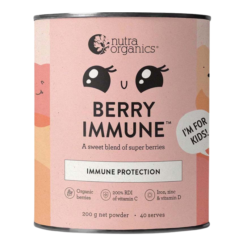 A canister of Nutra Organics Berry Immune powder, featuring a light pink label with cute cartoon berry eyes, black text, and a white 'I'M FOR KIDS!' sticker, set against a plain white background.
