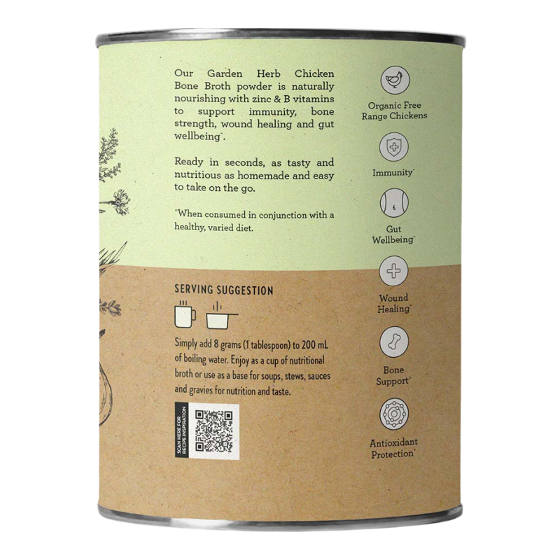 The back of a cylindrical metal can of Garden Herb Chicken Bone Broth powder, showing product information, serving suggestions, and benefits icons on a light green and brown label.