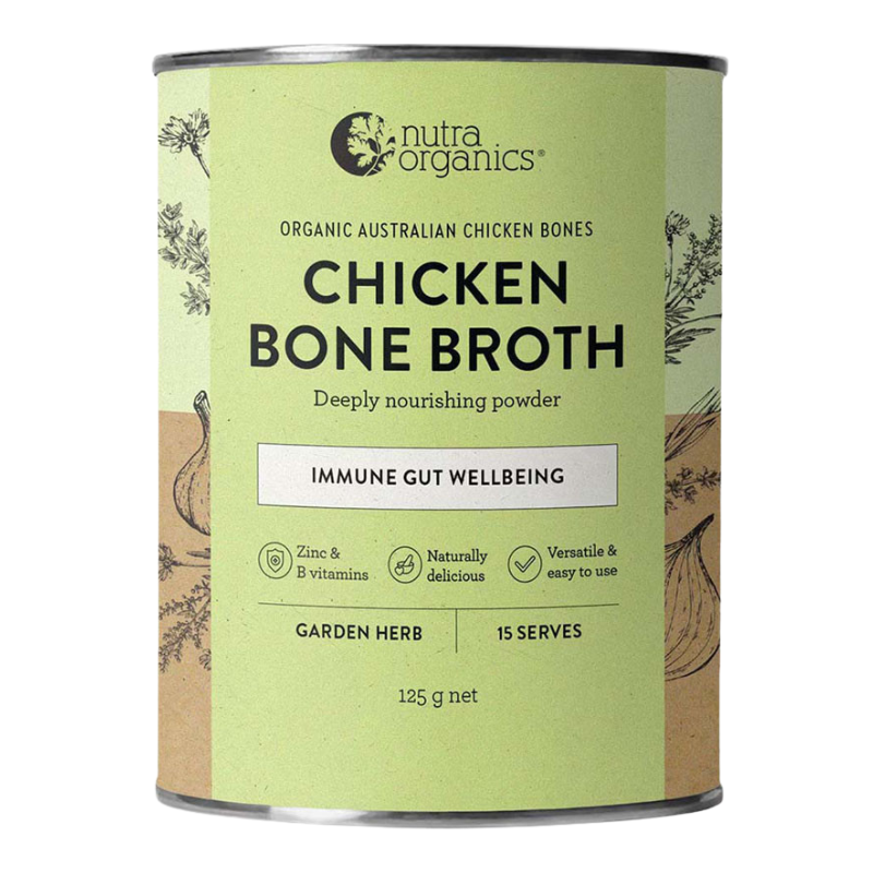 A cylindrical metal can of Nutra Organics Chicken Bone Broth powder, featuring a light green label with brown kraft paper accents at the bottom and sides, and black text.