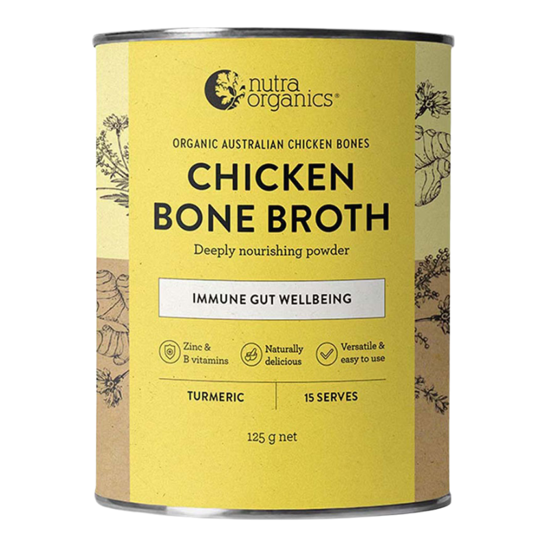 A cylindrical metal canister of Nutra Organics Chicken Bone Broth powder, featuring a yellow label with black text and brown botanical illustrations on a white background.