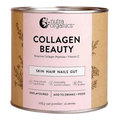 A cylindrical metal tin of Nutra Organics Collagen Beauty powder, featuring a light pink label on a brown kraft-paper style background with botanical illustrations.